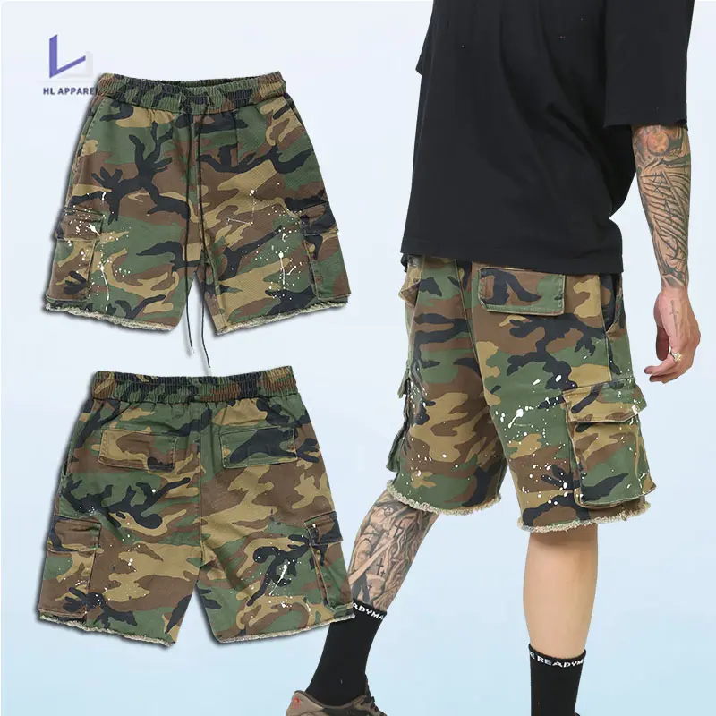 HL custom luxury cargo shorts 5 inch inseam manufacturer wholesale men loose fit vintage distressed raw edge hem camo shorts