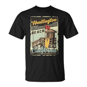 T-shirt de surf Huntington Beach California, design rétro vintage, col rond noir pour hommes - Product Image 2
