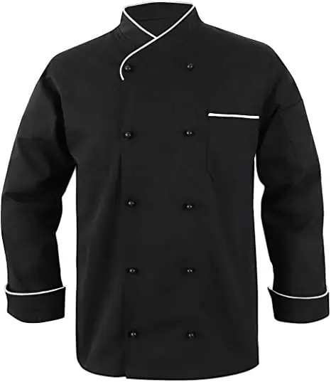 Poly Baumwolle Chef Jacke und billiger Chef Mantel Zweireiher Knopf Paspel Rand Restaurant Uniform Stickerei Logo angepasst