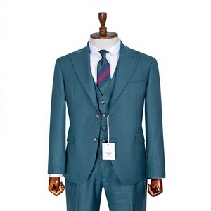 Costume d'affaires gris pour homme PESRG en laine/polyester, style britannique, double boutonnage, col mandarin, coupe classique, anti-plis, grandes tailles - Product Image 1