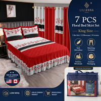 Lot de 7 pièces de literie matelassée King Size avec jupe de lit, taies d'oreiller et rideaux assortis, motif floral