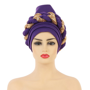 Gorro de nailon HT-212 para mujer, Hijab musulmán árabe con lentejuelas doradas trenzadas, turbante tradicional indio, <span class=keywords><strong>2013</strong></span> - Product Image 5