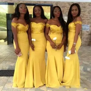 Mumuleo africano amarillo sirena vestidos de dama de honor fuera del hombro vestidos de invitados de boda vestidos formales vestido de dama de Honor hecho a medida