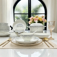 Service de vaisselle en porcelaine fine 10-50 pièces avec assiettes, bols et tasses - Marque HIHUI, origine Pékin, compatible lave-vaisselle et micro-ondes, motif paysager