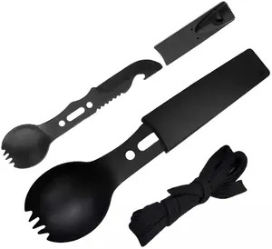 Neueste 8 In 1 Camping Gabel Combo Utensil Pfeife Sägezahn Flaschen öffner Klinge Seil Löffel Outdoor Survival Tools