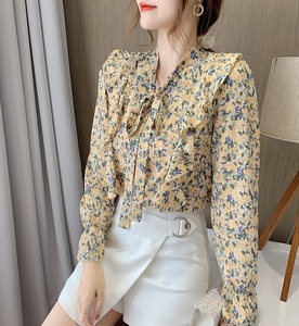 Nueva moda <span class=keywords><strong>mujer</strong></span> señoras primavera <span class=keywords><strong>camisas</strong></span> <span class=keywords><strong>elegantes</strong></span> <span class=keywords><strong>manga</strong></span> <span class=keywords><strong>larga</strong></span> cuello en V lazo Correa Floral Tops blusa camiseta Casual camisa - Product Image 6