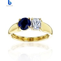 Vente flash - Bague de fiançailles pour femme en argent sterling 925 plaqué or avec deux pierres saphir bleu et diamant de laboratoire