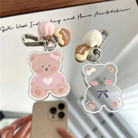 Porte-clés en acrylique Ours de dessin animé avec pompon moelleux et breloque cœur, accessoire de sac à mousqueton