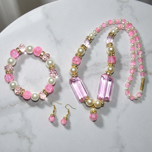 Conjunto de Collar, Pulsera y Pendientes con Cuentas de Perlas y Cristales Tallados en Forma de Gema Rosa, Forma Rectangular, Decoración para Bodas, Regalo con Temática de Amor - Product Image 3