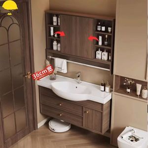 Qt <b>Bathroom</b> <b>Vanity</b> With Ceramic Integrated Basin Walnut Color One Piece Countertop Mirror Light Included - Product Image 4