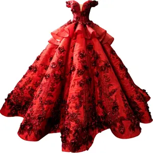 Produsen Fashion baru membuat merah kualitas tinggi bahu terbuka gaun pernikahan bunga 3d perempuan Pompous rok mewah