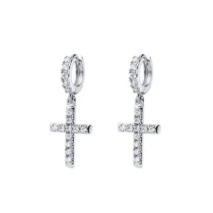 Religious Style 925 Sterling Silver Moissanite Dangle Drop Huggie Cross Hoop Earrings