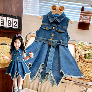 Abito Estivo 2026 da Ragazza Stile Cowboy con Bordo Irregolare, Canotta Senza Maniche e Cintura in Vita per Bambine di Mezza Età - Product Image 1
