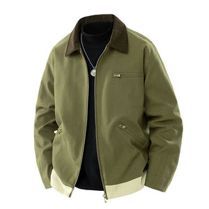 Veste à fermeture éclair à col contrasté en couleur vert olive et brun foncé vintage avec poche - Product Image 5