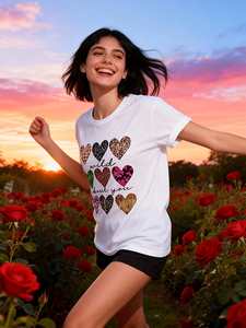 T-shirt con stampa a cuore per San Valentino, da donna, a maniche corte, girocollo, casual, in jersey di cotone 100%, moda primavera estate - Product Image 3