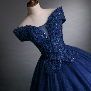 Navy Blue Off Shoulder Evening Gown Women Stage Performance Dress Solid Color Tutu Skirt Adult Size - Product Image 3