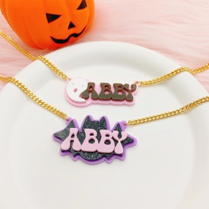 Collana in Acrilico Personalizzata con Nome per Halloween, Ciondolo a Forma <span class=keywords><strong>di</strong></span> Pipistrello o Fantasma con Catena Cubana, Gioielli Personalizzati per Ragazze - Product Image 2