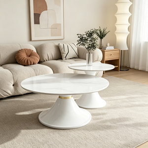 Ensemble de tables basses gigognes rondes modernes à base noire, plateau en marbre, style luxe léger, pour salon et hôtel - Product Image 5