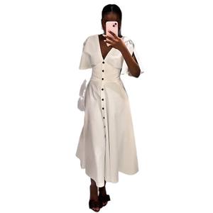 Elegante vestido largo blanco mujer manga corta cuello en V botón cintura alta Slim A-line vestidos 2025 verano señora High Street Robes nuevo - Product Image 6