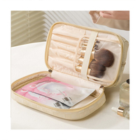 Trousse de Maquillage en Cuir PU Double Couche à Motif Damier avec Porte-Pinceaux, Organisateur de Voyage pour Articles de Toilette et Crèmes
