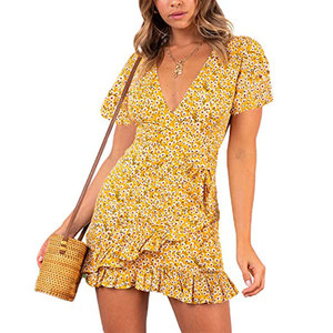 <span class=keywords><strong>Vestido</strong></span> <span class=keywords><strong>corto</strong></span> con volantes y estampado floral para mujer, <span class=keywords><strong>vestido</strong></span> cruzado sexy de verano con cuello en V profundo y manga corta - Product Image 2