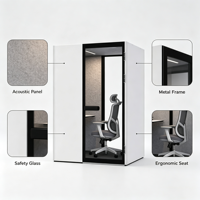 Cabine de bureau insonorisée moderne en stalinite avec cadre en aluminium et éclairage LED, pour un espace intérieur silencieux, une seule place