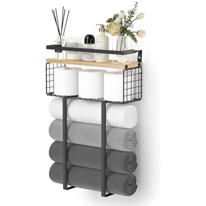 Wooden Towel Rack With Fencing And Mesh Wall Mounted Organizer <b>Shelf</b> 4 <b>Bars</b> 3 Floors Minimalist Design Bathroom Storage - Product Image 1