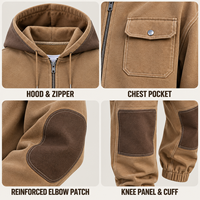 Ensemble de survêtement en molleton de coton épais personnalisé pour homme, avec sweat à capuche zippé et pantalon cargo, patch contrastant pour un style streetwear