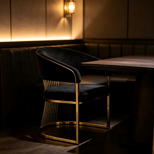 <span class=keywords><strong>Chaise</strong></span> de salle à manger de luxe en <span class=keywords><strong>velours</strong></span> à accoudoirs courbes, avec structure <span class=keywords><strong>cantilever</strong></span> en acier doré poli et dossier décoratif en fil métallique, pour usage commercial et résidentiel - Product Image 4