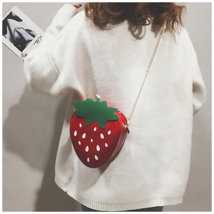 금속 체인 스트랩 이동식 스트랩 사용자 정의 로고 딸기 모양의 보석 케이스 동전 지갑 핸들 슬링 어깨 크로스 바디 가방
