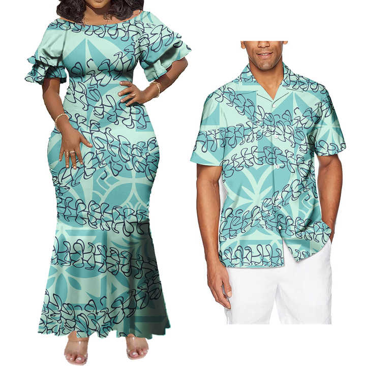 Couple Matching Hawaiian Outfit Set - Polynesian Tribal Print Aloha Shirt & Midi Dress For Beach Vacation & Luau - View #4