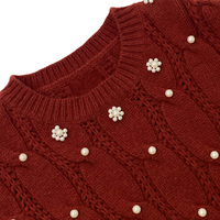 Pull en maille torsadée pour femme, col rond, orné de perles florales, manches lanternes longues à revers côtelés, coupe courte et ample, décontracté