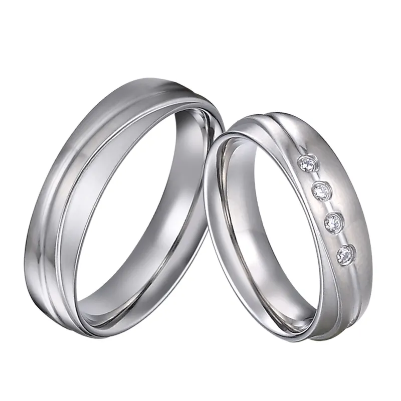 Progettazione personalizzata di trasporto mutil strato CNC inciso in acciaio inox anelli di nozze set set di gioielli in argento sterling di colore anello di coppia