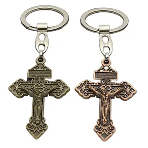 Wholesale Vintage Metal Antique Bronze Cross Crucifix Religious Souvenir Jesus Old Keyrings Religious Keychain