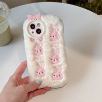 Coque de téléphone antichoc en PC brodée lapin mignon en peluche pour iPhone 13 14 15 16 17 18 Pro Max – Collection Automne Hiver