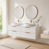 Meuble-lavabo mural pour salle de bain avec miroirs ronds, double vasque, armoire flottante cannelée, poignée dorée, fabrication OEM ODM sur mesure