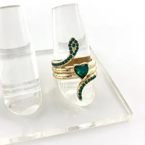 Newly designed zodiac snake multiple layered heart gold plated green diamond ring for women