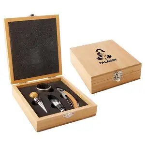 Abridor de vino de madera GiftSet Botella de vino Sacacorchos Abridor en vertedor Caja de madera Accesorios de vino Juego de regalo con bambú