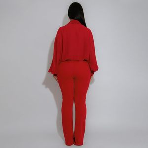 Ensemble pantalon et crop top rouge col en V pour femme, coupe droite, en mousseline respirante, tenue de club personnalisée 2026 - Product Image 1