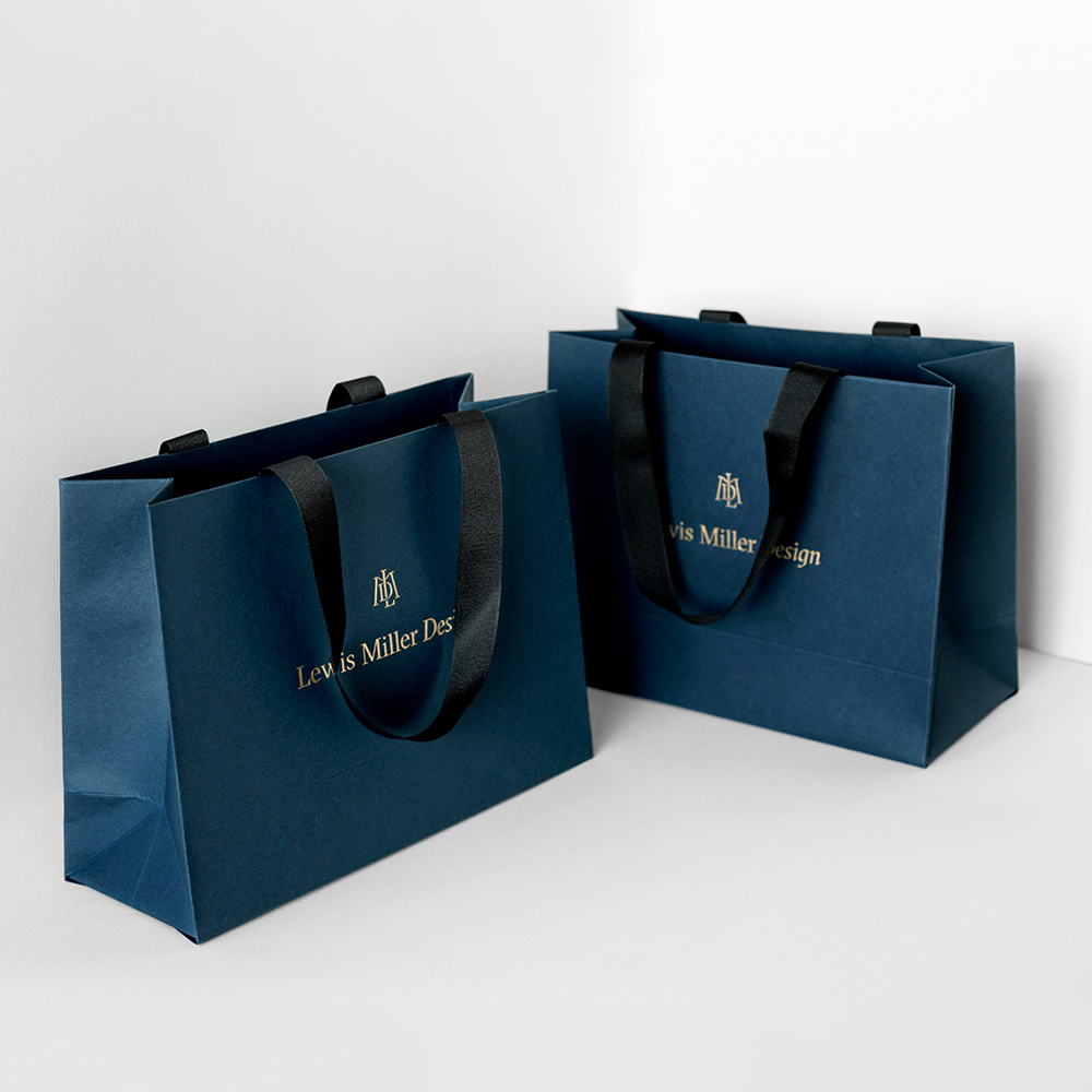 Custom Branded Logo Luxury Navy Paper Clothing Packaging Gift Shopping Bag Paperbag With Ribbon Handle