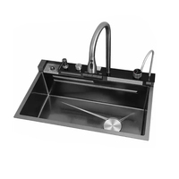 Évier de cuisine intelligent multifonctionnel en acier inoxydable noir PVD Nano Honeycomb, évier cascade fait main
