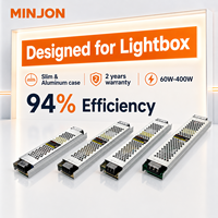 Alimentation LED MINJON pour boîte lumineuse à sortie unique, certifiée CE, garantie 2 ans, 300W 24V 12.5A, efficacité 87%