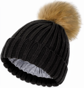 Bonnet en tricot noir unisexe avec pompon en fourrure, chapeau d'hiver pour usage extérieur et décontracté, adulte 56-58CM - Product Image 1