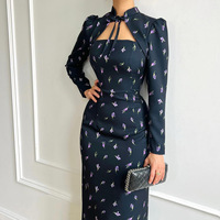 Robe longue élégante pour femme, col montant, imprimé vintage français, nouvelle collection printemps 2026, vente en gros