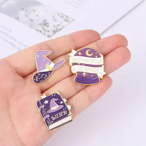 Purple Wizard Hat Book Ball Enamel Pin Witch Halloween Cat Lapel Pins Hard Enamel Custom Metal Brooches