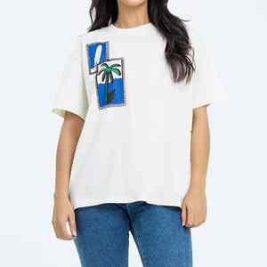 Camiseta Casual de Algodón Orgánico Estampada para Mujer, Cuello en V, Manga Corta, Colores Personalizados, Logotipo, Diseño Bordado Antiarrugas de Alta Calidad - Product Image 2