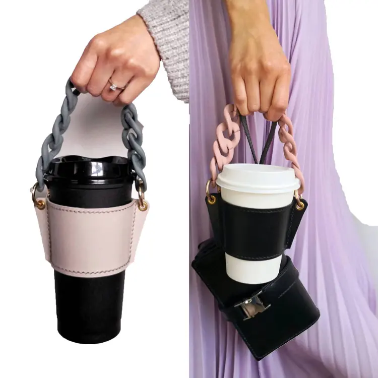 Hot Sale Handmade Coffee Cup Sleeve Holder Paper Glass Packaging Tea Cup PU Leather Cup Holder with Acrylic Chain Strap Handle