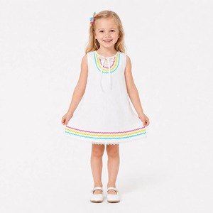 Vestito Estivo Casual Personalizzabile per <span class=keywords><strong>Bambina</strong></span>, Bianco in Cotone e Lino, Senza Maniche, Linea ad A, con Bordo in Pizzo Ric Rac - Product Image 1
