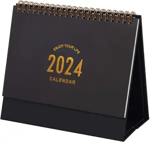 Kalender Desktop lipat berdiri kustom 2024 kalender cetak warna merah muda kalender meja 2023-2024