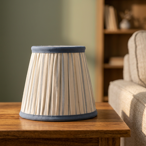 Premium Khadi Linen Stripe <b>Lampshade</b> | Blue & Beige Pleated Fabric <b>Drum</b> Shade for Elegant Home Decor - Product Image 2
